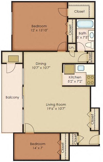 Floor plan for 2 beds, 1 bath, 750 sqft
